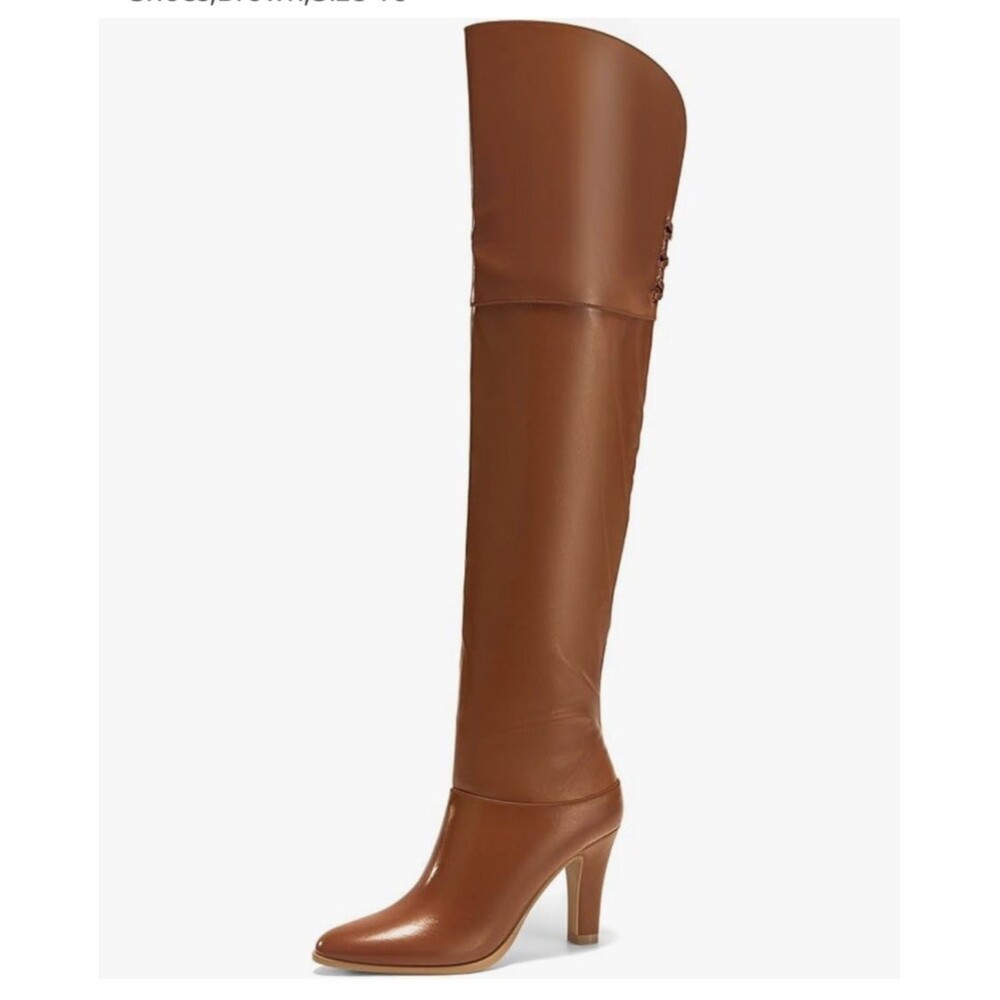 Coutgo Womens Thigh High Boots Pointed Toe Chunky Heel Wide Calf brown NEW